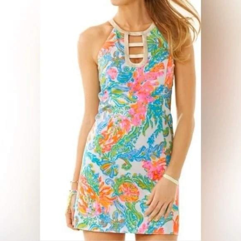 Lilly Pulitzer Shift Dress Size 4 Pink Blue Floral Halter Gold‎ Ladder Cutout